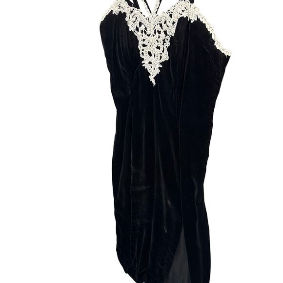 Nadine 90s Black Velvet White lace Crochet V Neck Prom Evening Dress Women 13 - Picture 4 of 13